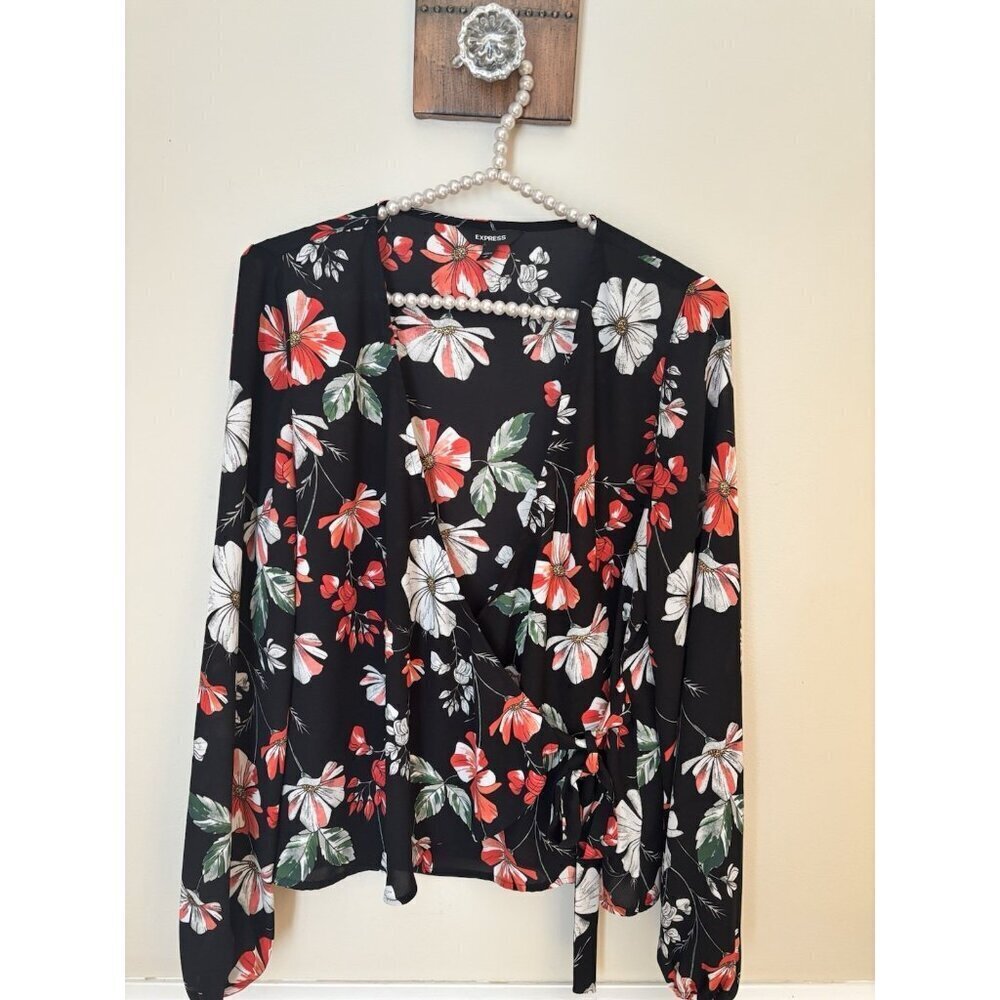 Express Womens Size M Black Floral Blouse Faux Wrap Long Sleeve